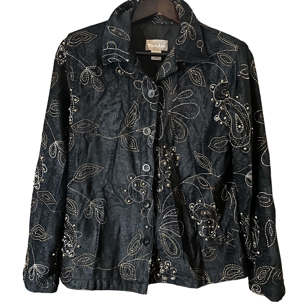 Vintage Tanjay Embroidered Textured Black Button Collared Jacket Whimsigoth Sz S